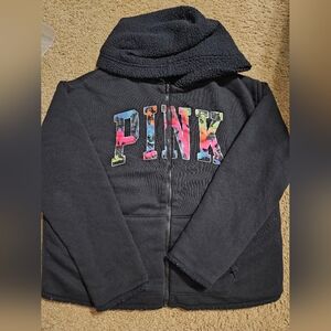 PINK Victoria's Secret Watercolor Spellout Reversible Sherpa Hoodie